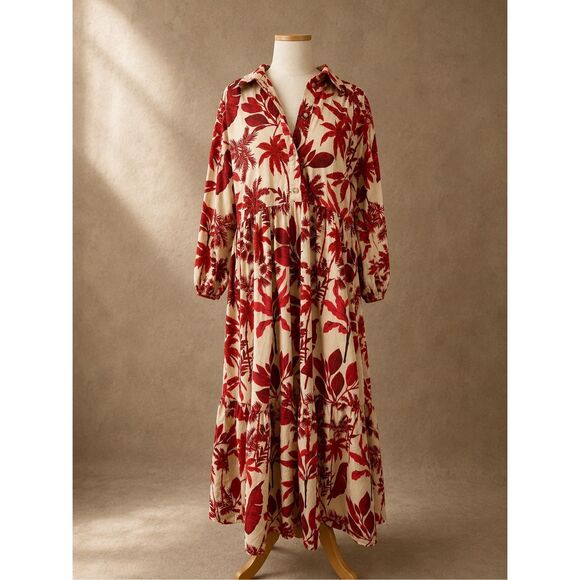 Anthropologie Dresses & Skirts - Maeve Medium Bettina Tiered Shirt Dress Red Tropical Floral Midi Boho Resort